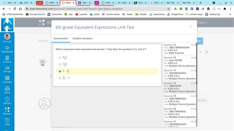 Which expression best represents the phrase"7 less than the quotient of 2x and-example-1