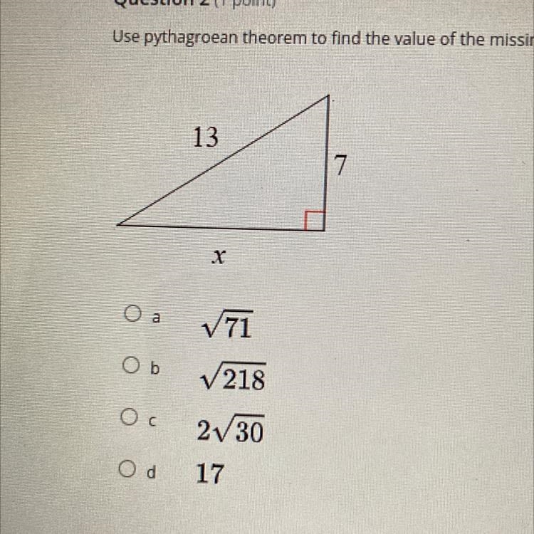 Question 2 Use pythagroean theorem to find the value of the missing side. Leave answers-example-1