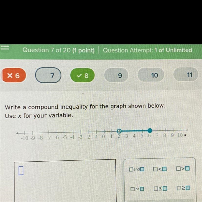 Write a compound inequality for the graph shown below. Use x for your variable.-example-1