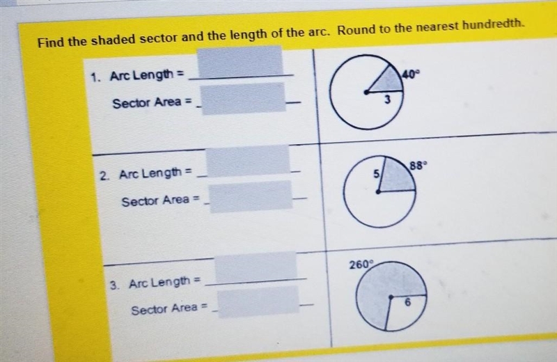 Find the shaded sector and the length of the arc. Round to the nearest hundredth. ​-example-1