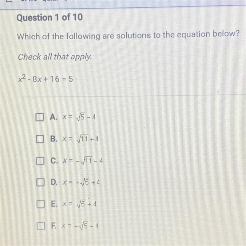 Which of the following are solutions to the equation below? Check all that apply. x-example-1