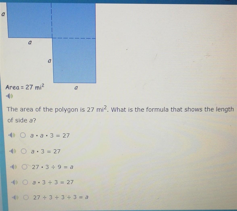 The area of the polygon is 27 mi 2 what is the formula that shows the length of side-example-1