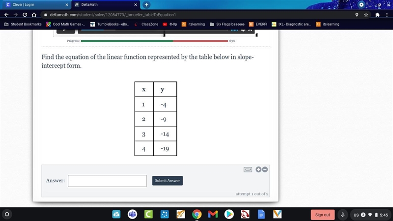 Find the equation of the linear function represented by the table below in slope-intercept-example-1