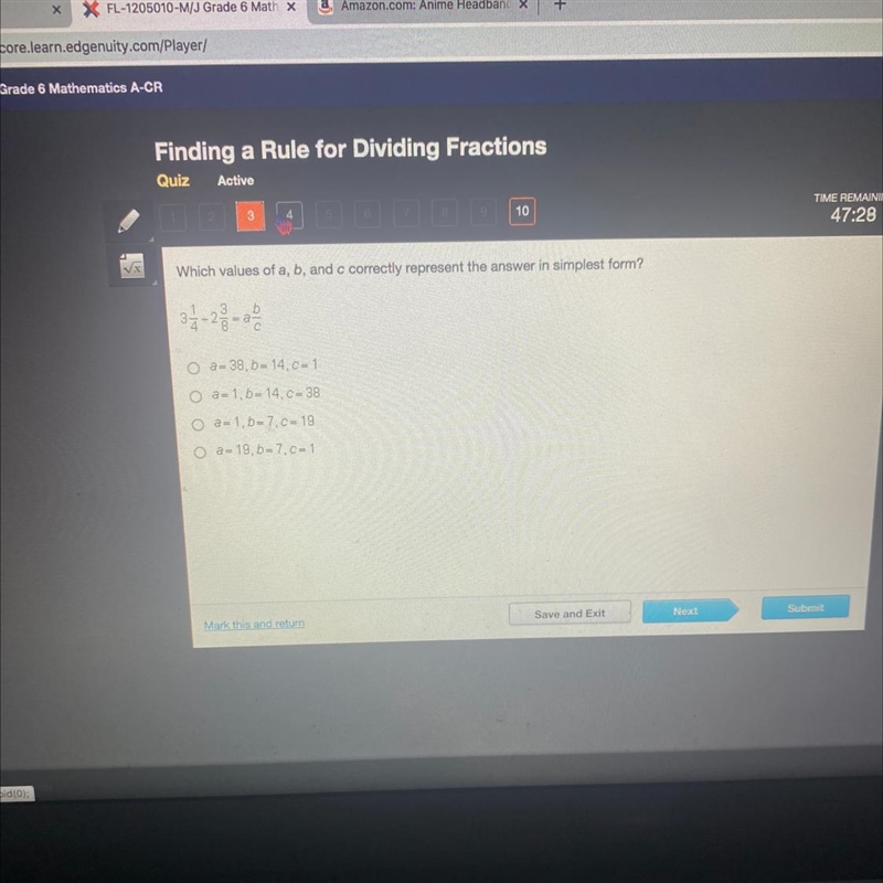 Which values of a, b, and c correctly represent the answer in simplest form? 3 - 2 b-example-1