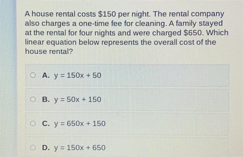 A house rental costs $150 per night. The rental company also charges a one-time fee-example-1