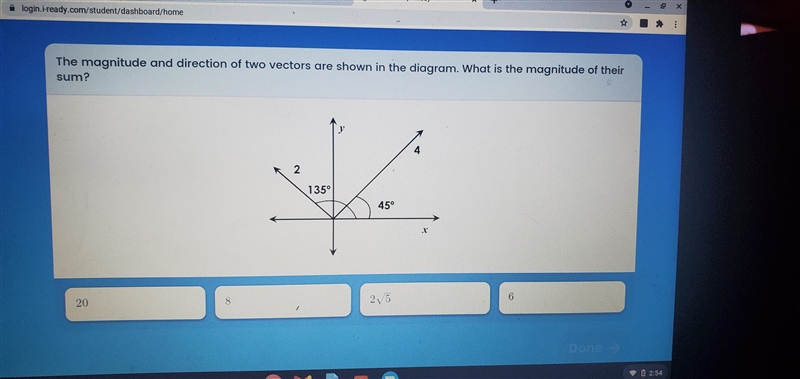 The magnitude and direction of two vectors are shown in the diagram. What is the magnitude-example-1