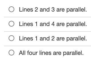 The equations of four lines are given. Identify which lines are parallel. Line 1: y-example-1