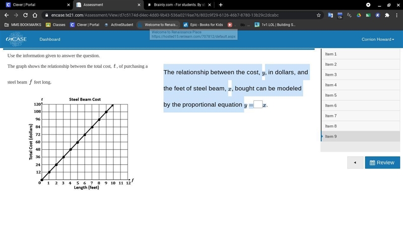 The relationship between the cost, y, in dollars, and the feet of steel beam, x, bought-example-1