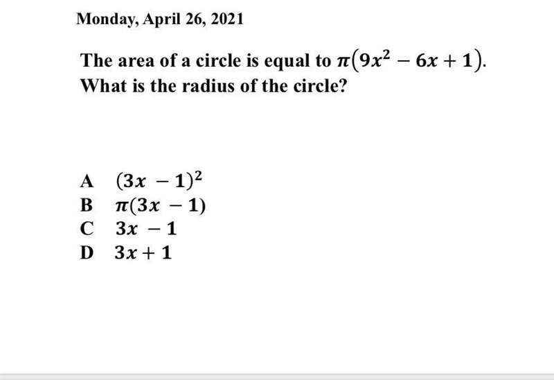 The area of a circle is equal to − + . What is the radius of the circle?-example-1