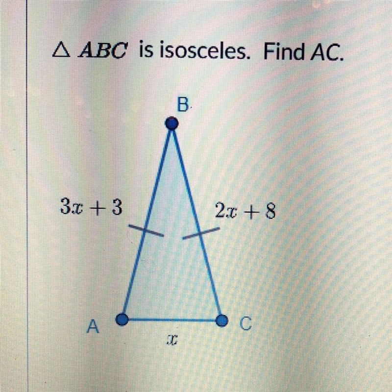 A ABC is isosceles. Find AC. Please help): I’m not good at geometry-example-1