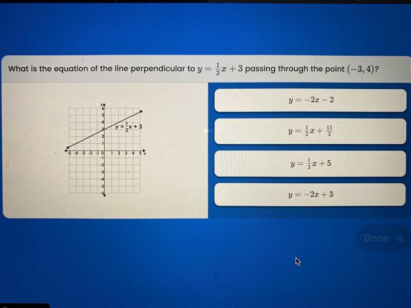 What is the equation of the line perpendicular to y= 1/2x + 3 passing through the-example-1