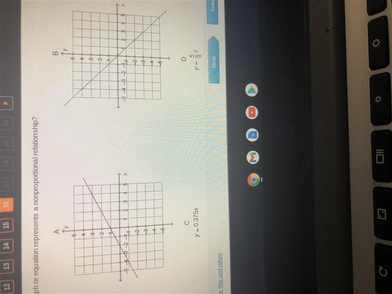 Which graph or equation represents a Nonpoportional relationship A B C or D-example-1