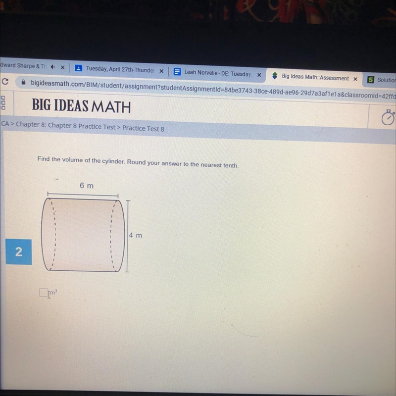 Find the volume of the cylinder. Round your answer to the nearest tenth. 6 m 4 m And-example-1