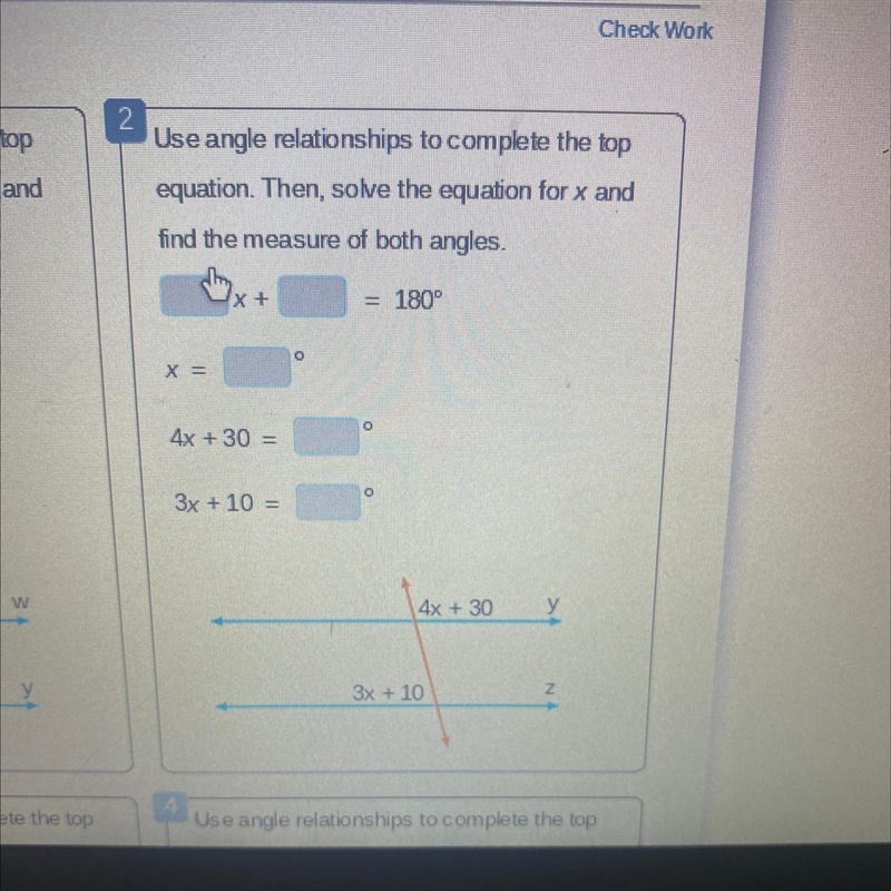 Use angle relationships to complete the top equation. Then, solve for x and find the-example-1