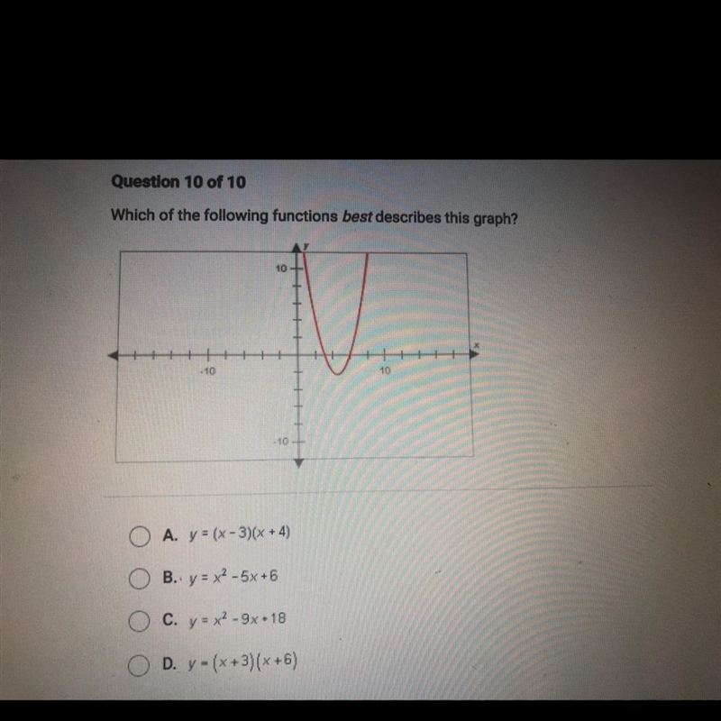 Which of the following functions best describes this graph? A. Y = (x-3)(x + 4) B-example-1