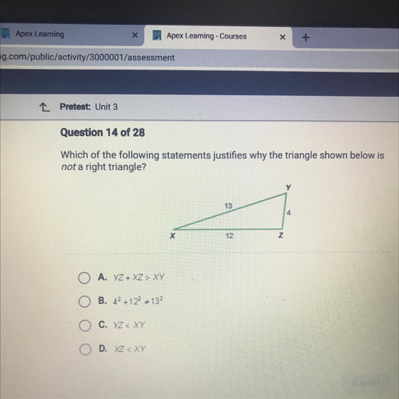 Which of the following statements justifies why the triangle shown below is not a-example-1