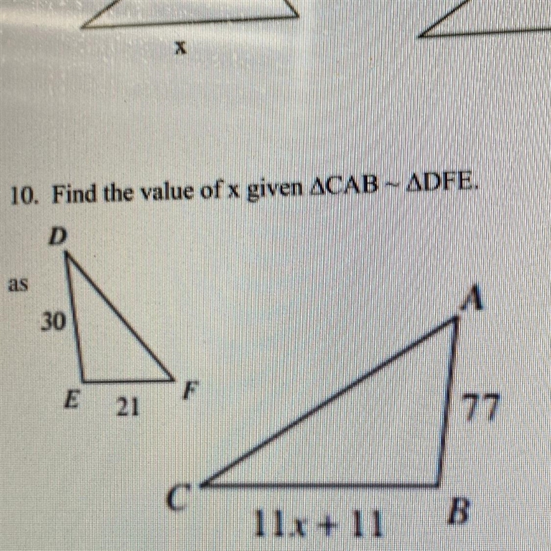 12 10. Find the value of x given ACAB – ADFE. D as A 30 21 77 11x + 11 B-example-1