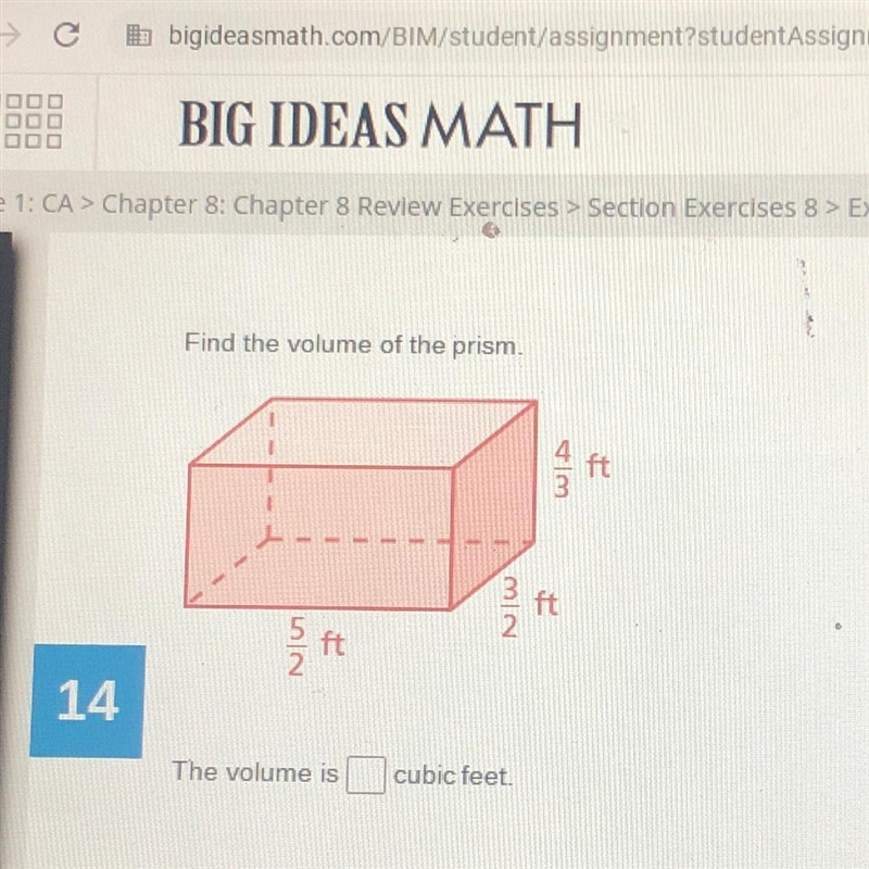 Find the volume of the prism. 5/2 ft. 3/2 ft. 4/3 ft.-example-1