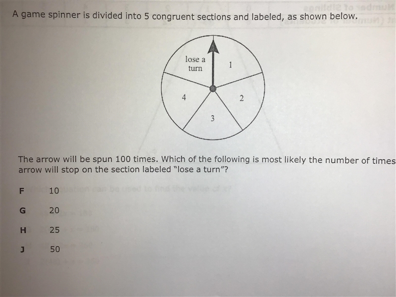 A game spinner is divided into 5 congruent sections and labeled, as shown below. The-example-1