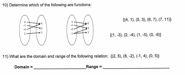 10) Determine which of the following are functions. 11) What are the domain and range-example-1