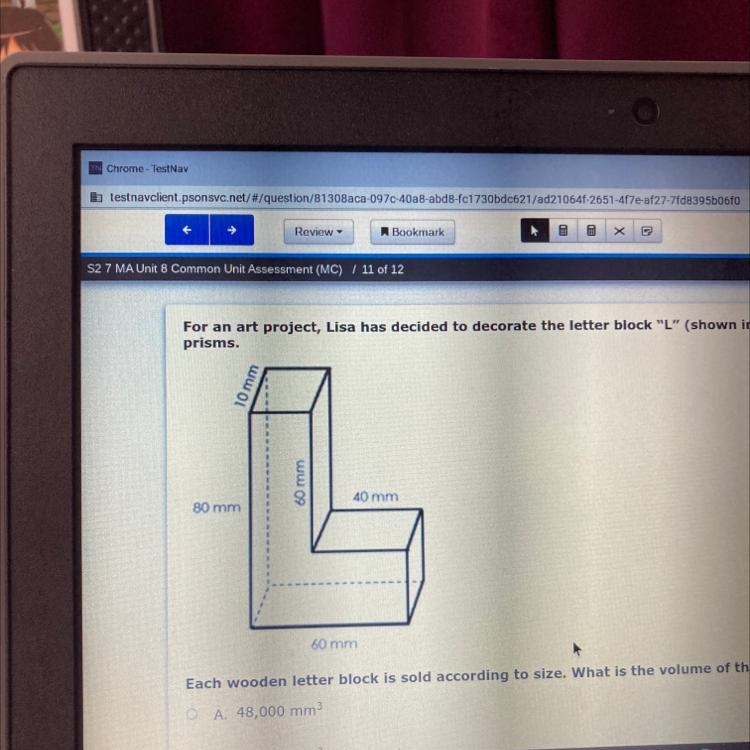 Each wooden letter block is sold according to size. What is the volume of the letter-example-1