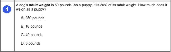 A dog's adult weight is 50 pounds. As a puppy, it s 20% of it's adult weight. How-example-1