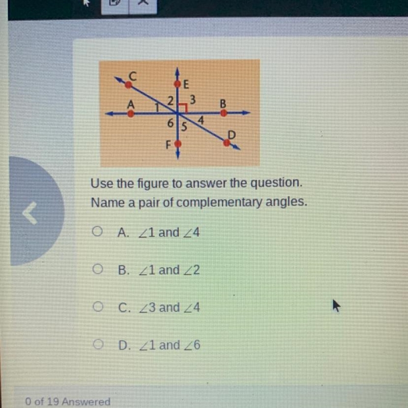 Name a pair of complementary angles.-example-1