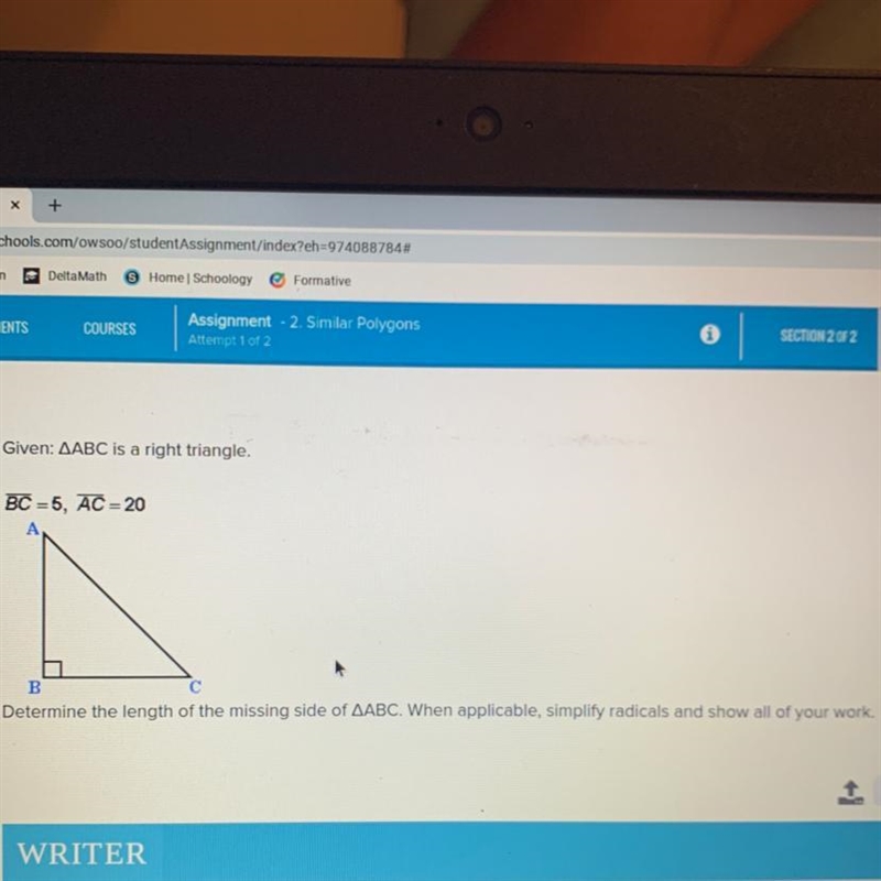 Given: AABC is a right triangle. BC =5, AC = 20 Determine the length of the missing-example-1