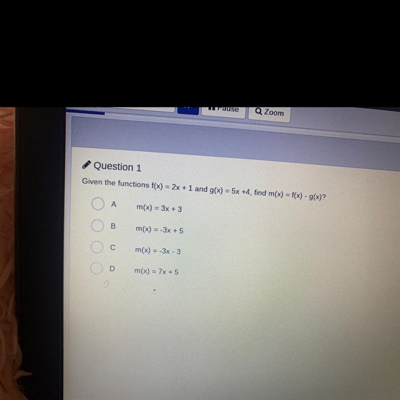 Question 1 Given the functions f(x) = 2x + 1 and g(x) = 5x +4, find m(x) = f(x) - g-example-1