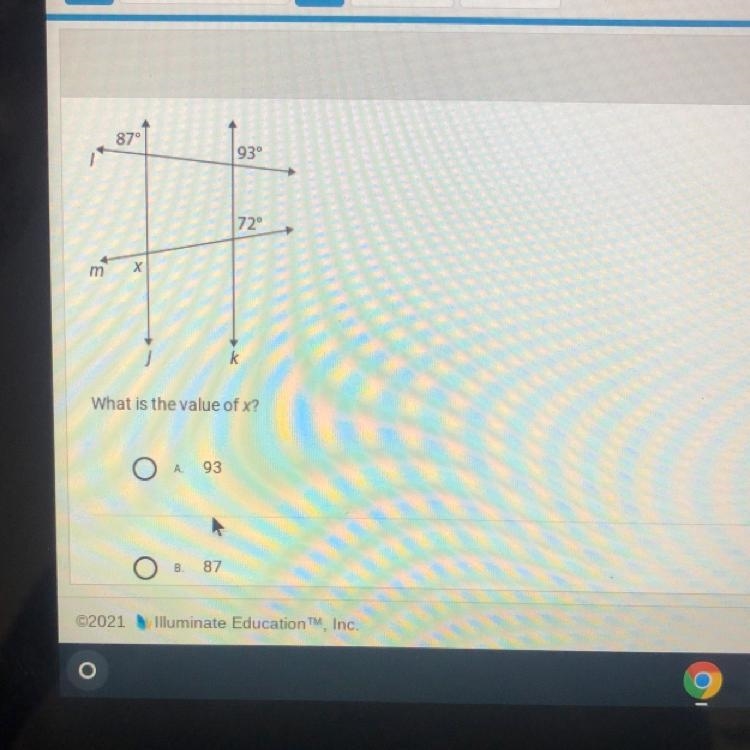 Lines, and k are parallel. They are intersected by the transversals, I and m. 870 930 72° X-example-1