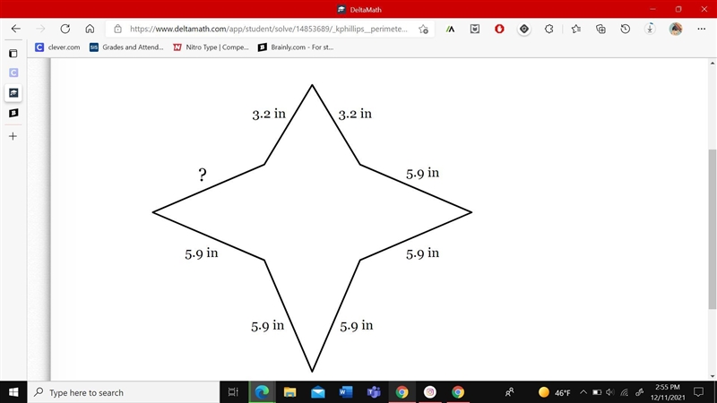 The perimeter of the figure below is 41.6 in. Find the length of the missing side-example-1