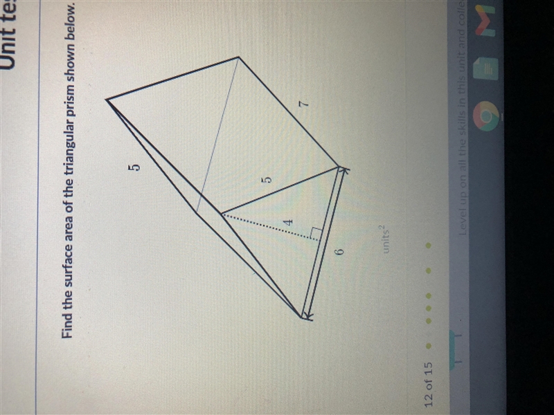 Find the surface area of the triangular prism shown below. 5 5 4 7 6-example-1