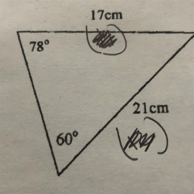 17cm 78° 21cm 60° What would be the area ?-example-1