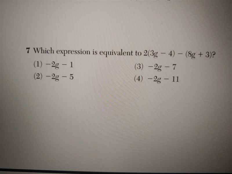 Which expression is equivalent to 2(3g - 4) - (8g + 3)-example-1