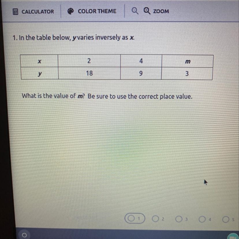 1. In the table below, y varies inversely as x. Х 2 4 m y 18 9 3 What is the value-example-1