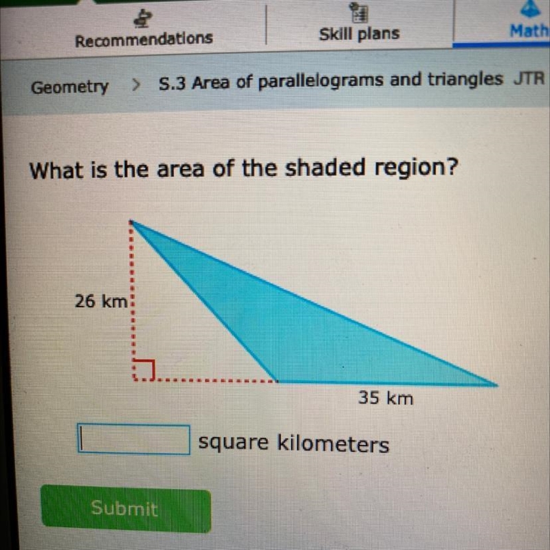 What is the area of the shaded region? 26 km 35 km-example-1