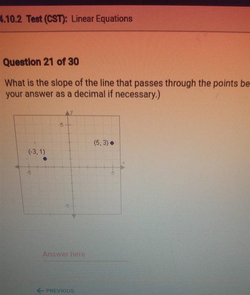 14.10.2 Test (CST): Linear Equations Questlon 21 of 30 What is the slope of the line-example-1