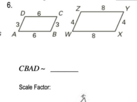 Complete the similarity statement for the similar figures then find the scale factor-example-1