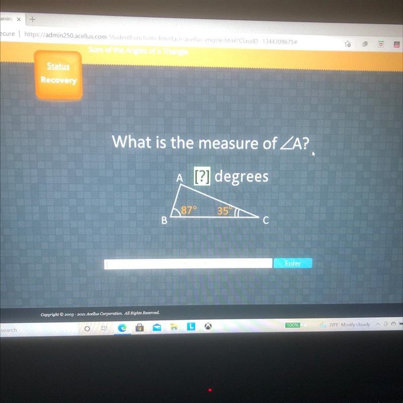 What is the measure of ZA? A [?] degrees 187° 35° B С Enter-example-1