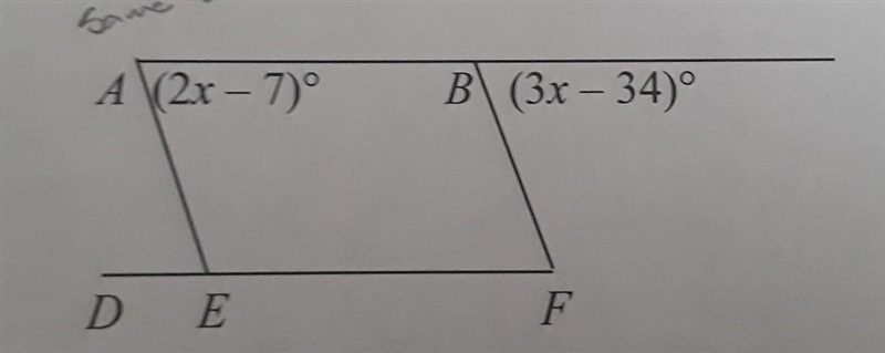 Solve for the value of x if segment AB parallels to segment BF​-example-1