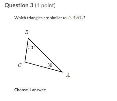 Please help! which triangle is similar to ΔABC? and why?-example-1