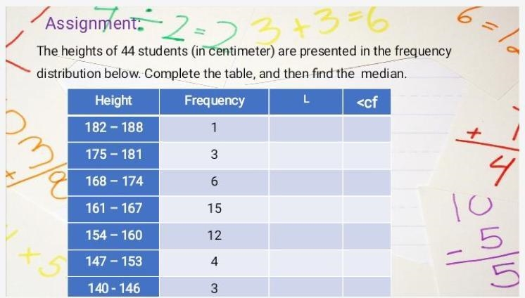 The height of 44 students (in centimeter) are presented in the frequency distribution-example-1