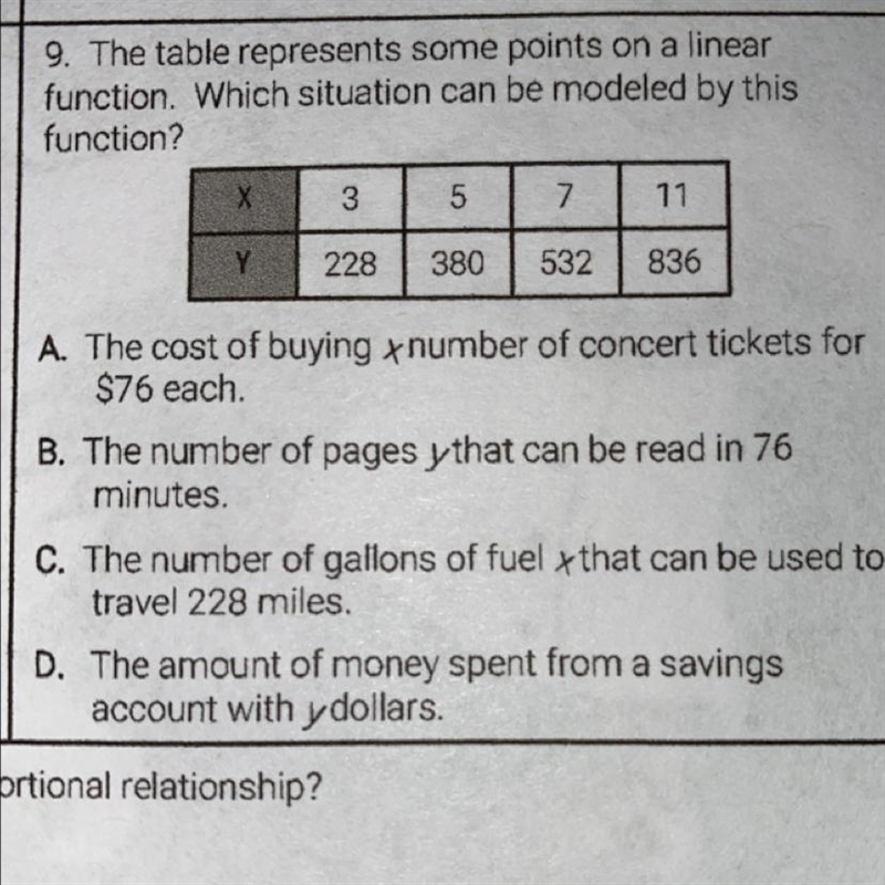 Help pls D: 9. The table represents some points on a linear function. Which situation-example-1