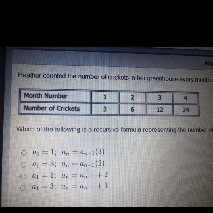 Heather counted the number of crickets in her greenhouse every month and recorded-example-1