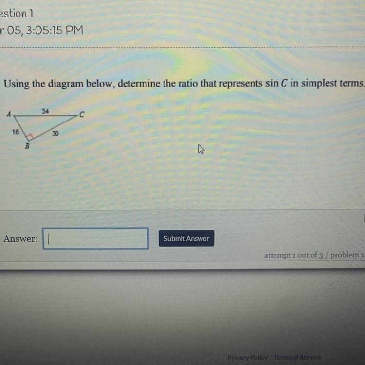 Using the diagram below , determine the ratio that represents sin C in simplest terms-example-1