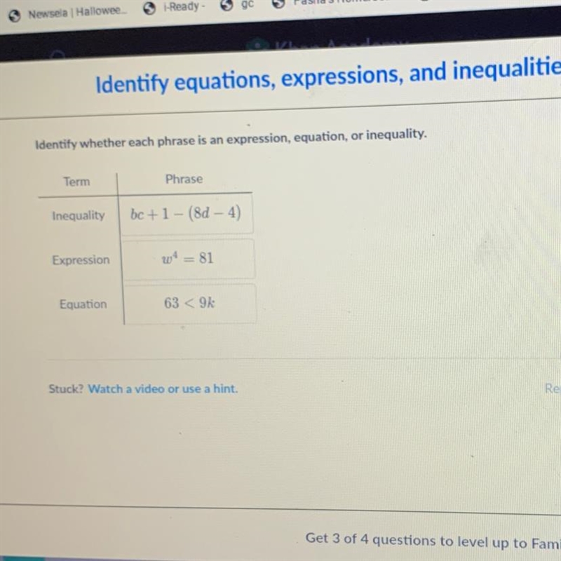 Identify whether each phrase is an expression, equation, or inequality. Term Phrase-example-1