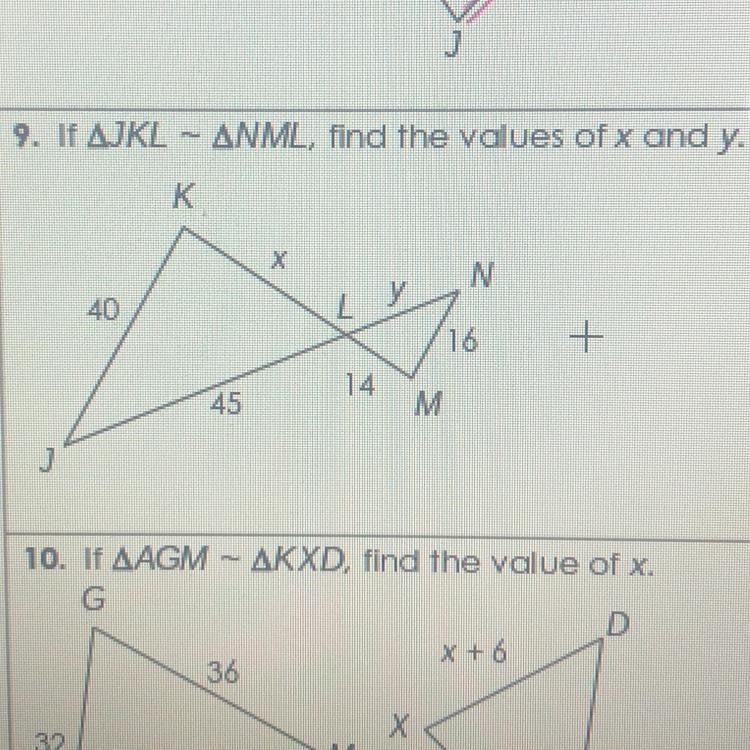 9. If AJKL - ANML, find the values of x and y.-example-1