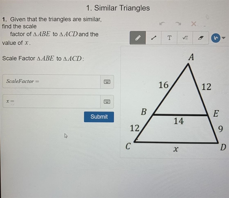 Given that the triangles are similar find the scale factor of ABC to ACD and the value-example-1