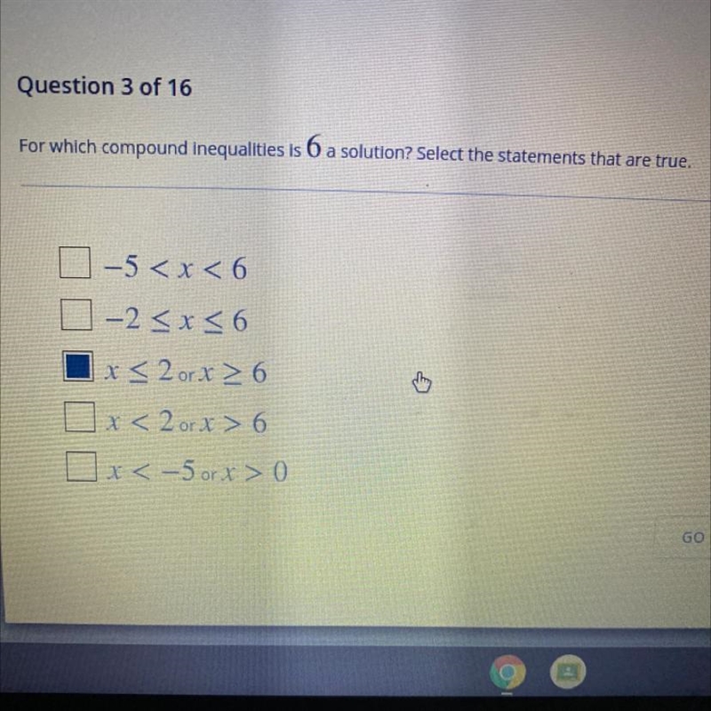 For which compound inequalities is 6 a solution? Select the statements that are true-example-1