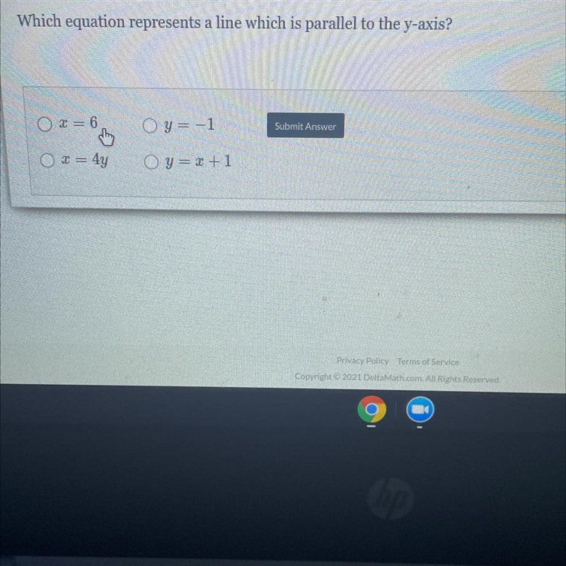 Which equation represents a line which is parallel to the y-axis? x = 6 O y = -1 Submit-example-1